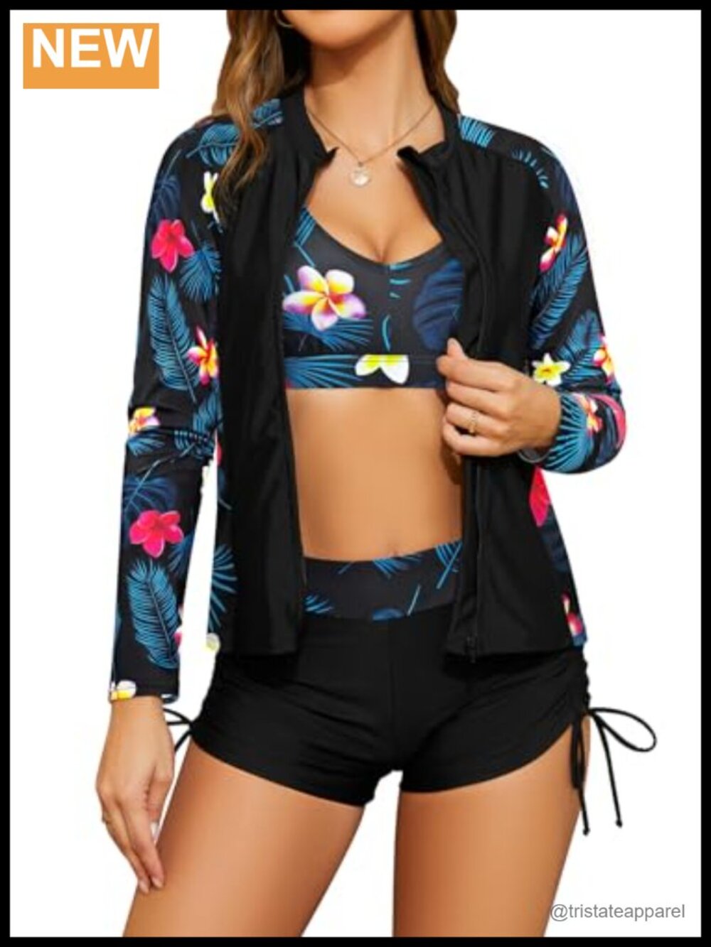 3 Piece Long Sleeve Rash Guard Set with Shorts Zip Up Swim Jacket